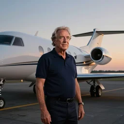 aesthetic illustration of jeffrey epstein, wearing a dark blue polo shirt, standing by his bombardier private jet on an empty runway at dusk, cinematic lighting, high detail, volumetric lights, rule of thirds, unreal engine 5 render, pinterest wallpaper, trending on artstation