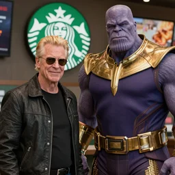 A still of John Constantine and Thanos meeting at Starbucks, award winning photo, unreal engine, highly detailed features