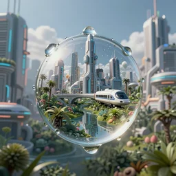 nature in drops of dew, within every dewdrop a world of struggle, fantasy intricate elegant under graphic cyberpunk buildings futuristic transportation lush volumetric lighting 3 d modelling