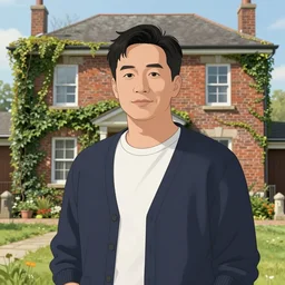 a clean shaven middle aged man with black hair wearing a cardigan in front of an old brick house covered in ivy, trending on artstation, fantasy art