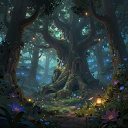 a digital painting of a magical fantasy forest, large magical trees, magical flowers, hanging lanterns, volumetric lighting, mystical, evening, concept art, trending on artstation, matte painting, high detail, high quality