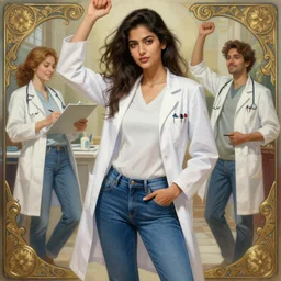 sensual good looking pale young indian doctors wearing jeans in celebrating after an exam, portrait, elegant, intricate, digital painting, artstation, concept art, smooth, sharp focus, illustration, art by artgerm and greg rutkowski and alphonse mucha