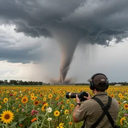award winning photograph of a tornado funnel cloud touching down in a field of flowers, storm chaser footage, national geographic