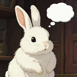 a fluffy bunny, thought bubble above head, Aesthetically pleasing, by Hayao Miyazaki and Studio Ghibli, fine art, official media, high definition, illustration, ambient lighting, HDR, HD, UHD, 4K, 8K, cinematic, high quality scan, award winning, trending, featured, masterful, dynamic, energetic, lively, elegant, intricate, complex, highly detailed, Richly textured, Rich vivid Color, masterpiece.