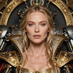 portrait of christine turlington as queen of futuristic robotic world, by jan van eyck, mysticism, intricate, highly ornate gold trim
