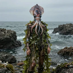 a person who is a mixture of a squid and a human, wearing clothing made of seaweed, in a cove. photorealistic art by rembrandt ; highly - detailed