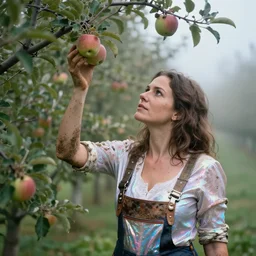 a closeup portrait of a woman wearing a muddy iridescent holographic lederhosen, picking apples from a tree in an orchard, foggy, moody, photograph, by vincent desiderio, canon eos c 3 0 0, ƒ 1. 8, 3 5 mm, 8 k, medium - format print