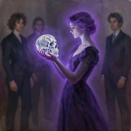 a which with a purple aura, stares at a crystal skull in her hands. she wear a long dark dress. painted by regis loisel and enki bilal and tony sandoval and oliver ledroit. oil painting.