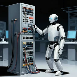 a comic illustration of an android interfacing with a computer console, the console is tall and imposing, there are many cables on the floor, bright screens, ghost in the shell, cyberpunk, neon colors, art by Moebius and jean giraud and greg rutkowski and cam kennedy