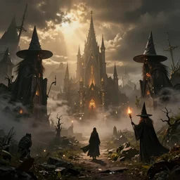 a surreal and fantasy world of witches and wizards, atmospheric lighting with a warm glow, misty and magical,