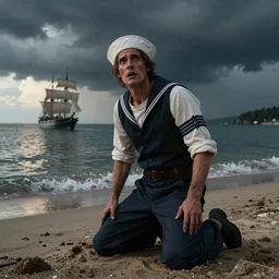 full body portrait of suffering sailor on his knees on a beach, looking with horror into the dark abys with looming dark clouds above reflecting onto the water, sailingship far in the background, by greg rutkowski, octane render, unreal engine, 8 k highly detailed, intricate details, cinematic lighting