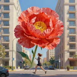 grande carnation flower head, woman running between luxury apartments, surreal photography, sunlight, impressionist painting, digital painting, artstation, simon stalenhag