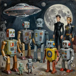 picasso cubist painting of 1 9 5 0 s scifi, tin toy robots, ufo, flying saucer, moon, meninblack, steampunk, walter sickert, earl norem, depth of field, hyperrealistic, octane render detailed and intricate environment