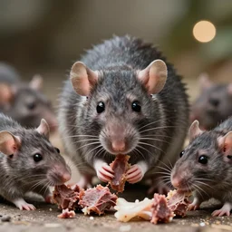 high quality presentation photo of vicious anthropomorphic rats eating meat, photography 4k f1.8 anamorphic bokeh 4k Canon Nikon