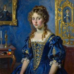 palette knife oil painting portrait of a girl in a blue and gold haunted liminal room, by goya, by balthus, by pontormo, extreme detail, liminal aesthetic, artgerm, deviant art, octane, substance, art history 8 k, art nouveau, neoclassic victorian art