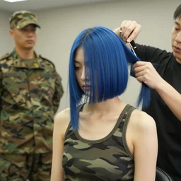 supermodel wearing a camouflage tank top getting her long blue hair cut short by the military