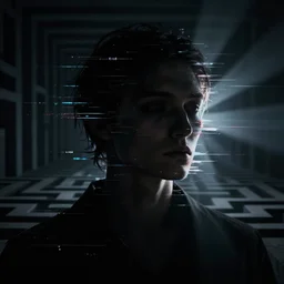 dark expressive portrait of the digitally glitched soul, dramatic lighting, lonely, god rays, edges, universal background,  facial expression, silhouette, details, chiaroscuro, character, atmospheric lighting, motion design, by Beksinski, maze, sharp focus, deviantart, irridescent, intense knowledge, masterpiece, paradox, cgsociety, trending on artstation