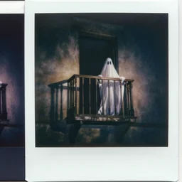 polaroid of creepy balcony, poltergeist, liminal, hidden ghost.