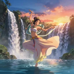 Himalayan priestess dancing on water, beautiful flowing fabric, waterfalls, sunset, dramatic angle, 8k hdr pixiv dslr photo by Makoto Shinkai rossdraws and Wojtek Fus