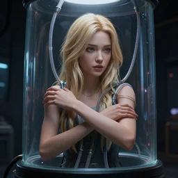 a beautiful blonde girl trapped in a pod with tubes coming out, futuristic, 3 d rendered, 3 d rendering, dramatic lighting, dark theme, hdr, unreal engine 5, hyper realistic