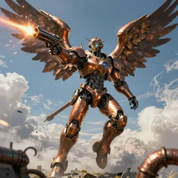 a steampunk robotic angel with gun arms shooting, intense, extremely detailed, anime, sparks, clouds, sky, beautiful, sunny, copper, pipes, rusty, metal, cinematic lighting, sharp focus,