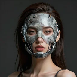 sexy beautiful woman head made of mech mask rendered in unreal engine, cyberpunk, microchips, scifi, painted by david burliuk | bernard buffet | carne griffiths | wlop