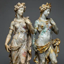 symmetrical portrait of shiny colourful polished marble intricate goddess of nature statue by michelangelo buonarroti and by gian lorenzo bernini, covered in color paint splashes, partially gold plated, ultra - detailed flash studio photograph