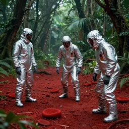 scientists in a silver suit exploring the red blood fields in the green jungle, award winning photograph, sci - fi, horror, creepy, highly detailed