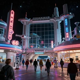 space station city in outer space with route 6 6, americana architecture, neon signs, happy people walking and retro robots, huge glass windows, stars, wide angle photo, detailed, kodachrome