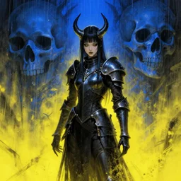 horror art, ming na wen as hell knight, yellow rain and giant blue skulls in the background, art by ismail inceoglu