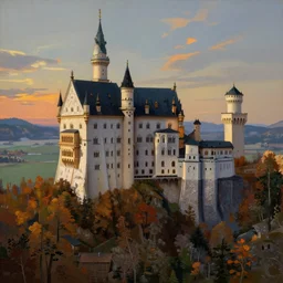a painting of a castle in the middle of a mountain, a detailed matte painting by andreas rocha and greg rutkowski, autumn, sunset, featured on artstation, fantasy art, matte drawing, matte painting, artstation hq