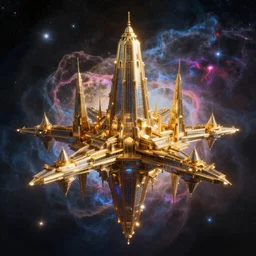 Gilded floating city in space surrounded by a colorful nebula