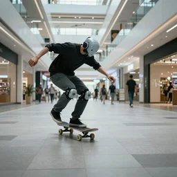 camera footage of a Darpa Robot hunting skateboarders in an abandoned shopping mall, high exposure, dark, monochrome, camera, grainy, CCTV, security camera footage, timestamp, zoomed in, fish-eye lense, Robot, Skateboarding, Drone, Intense, Darpa,