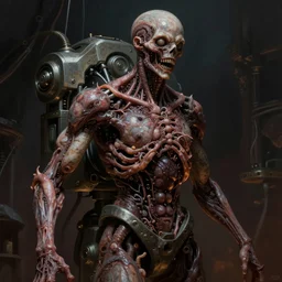 a humanoid figure embedded into a machine in the style of hr giger, dark, body horror, human bodies, scary, disturbing, weird
