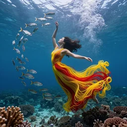 woman dancing underwater wearing a long flowing dress made of yellow and red wire, coral sea bottom, swirling schools of silver fish, swirling smoke shapes, octane render, caustics lighting from above, cinematic, hyperdetailed