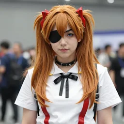 boris johnson cosplaying as asuka langley, eyepatch, anime convention, portrait photography, high quality, detailed, sigma 8 5 mm