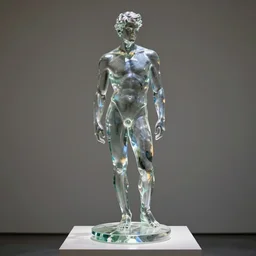 a statue of a young fit man made of transparent cristalline glass, on a pedistal, by philippe starck and victoria hagan, cinematic lighting, soft light, iridescent reflections, detailed digital photography by rutkovski and beksinski, masterpiece, gorgeous, 4 k