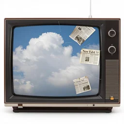 1 9 5 0 s television with broken screen, clouds on a tv screen, newpaper clippings art
