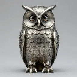 symmetrical detailed sculpture of an owl, made of Mercury
