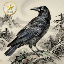 traditional japanese ink drawing of a raven, high detail, elaborate composition, quality draughtmanship