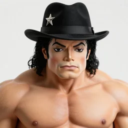 macro head shot 8 5 mm of calm michael jackson oversized muscular hulk! powerlifter rockstar dancer with fedora hat by neca!!! pretty! beautiful! shirtless muscular black pants gold shiny military armor jacket very detailed realistic action figure by neca in the style of ryo kusanagi, character from king of fighters, film still, bokehs