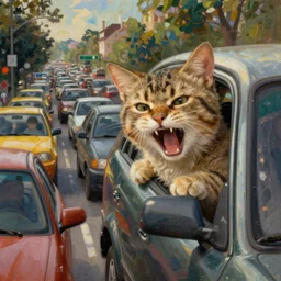 painted closeup of traffic jam, cute kitten yelling from the car angry, fantasy intricate elegant extremely detailed digital painting trending artstation concept art sharp focus illustration art by gustave courbet greg rutkowski craig mullins