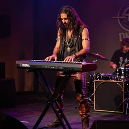 photo of a gypsy musician wearing leather trousers, playing electronic music on his Yamaha synthesizer, full body shot, synthwave, expressive,