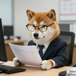 photo of a real fluffy shiba inu dog wearing a suit and wearing reading glasses, and reading a document at a desk in an office. Highly detailed 8k. Intricate. Sony a7r iv 55mm. Award winning.
