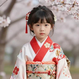 mad albino Asian girl kid in a fancy kimono,Sakura flowers, jewelry, unreal engine octane, red and white, portrait, gliter, depth of field, 8k, hyper detailed