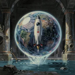 hyperrealist, studio ghibli dull colors painting from close encounters of the third kind 1 9 7 7 of a beautiful sphere rocketing out of a bubble in a flooded temple.
