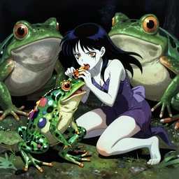 scary godlike fairy in the anime style of Junji Ito , eating a psychedelic frog violently , being chased by a anthropomorphic giant frog , pastel , petite , upper body , epic , traditional makeup , gorgeous features ,Perfect pixel art, Post-processing , Greg rutkowski legendary matte painting , masterpiece