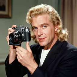 an analog 4x5 camera portrait photography of a 1940s hollywood Danny devito, actress, blonde, vivacious, demur, cinematic, portrait color glamour, hq, detailed