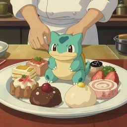 a shot of a beautiful delicious plate of food, of a artisan meal made of bulbasaur amazing food illustration, chef table, in style of studio ghibli, miyazaki, anime