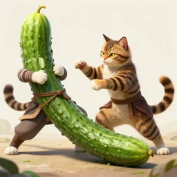 a warrior cat fighting against a cucumber, digital art highly - detailed artstation cgsociety masterpiece